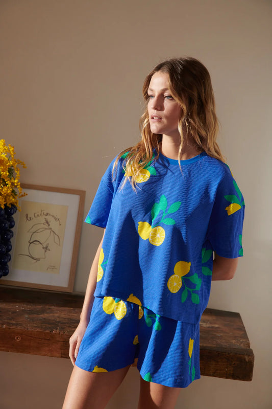 Pyjama gaufré coton Bleu - Citrons Bleu Roi