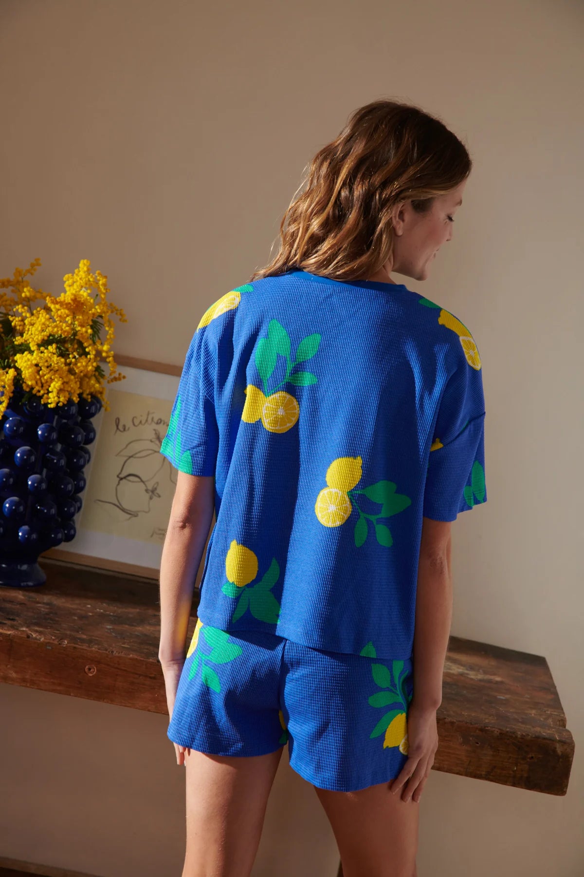 Pyjama gaufré coton Bleu - Citrons Bleu Roi