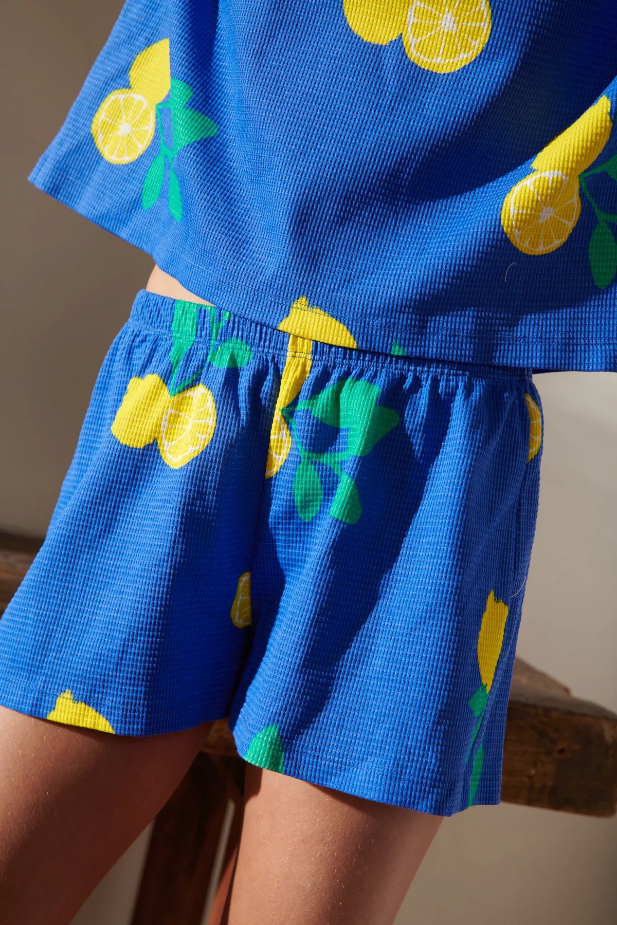 Pyjama gaufré coton Bleu - Citrons Bleu Roi