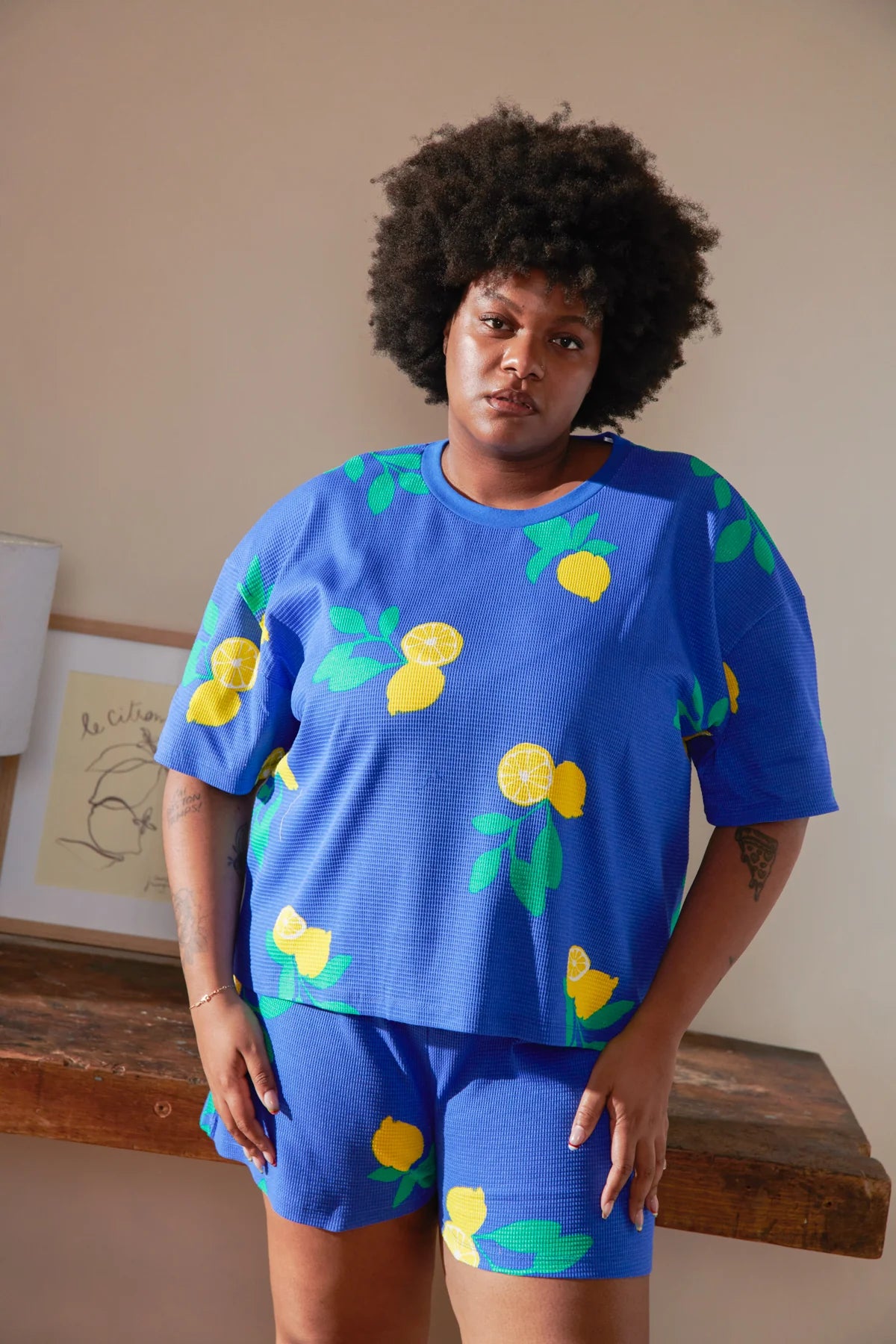 Pyjama gaufré coton Bleu - Citrons Bleu Roi