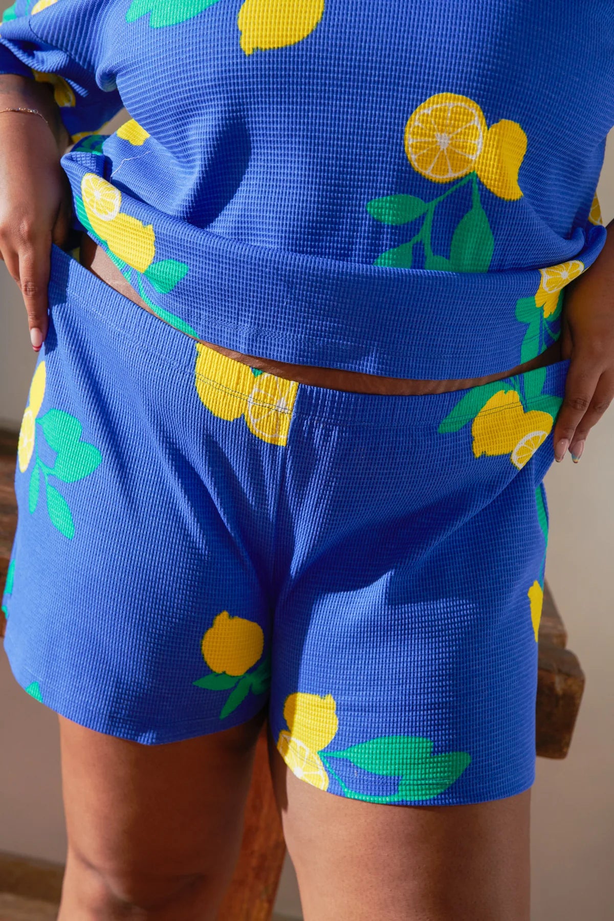 Pyjama gaufré coton Bleu - Citrons Bleu Roi